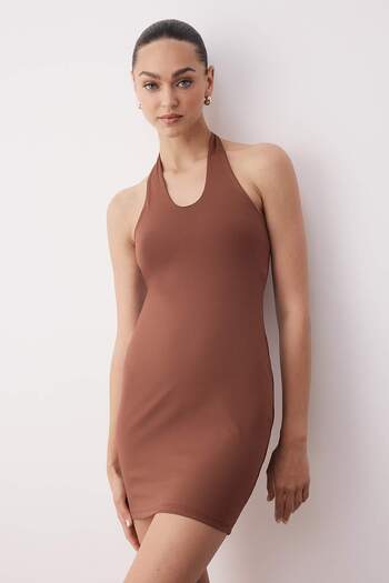 Trendyol Collection Brown Halter Neck Bodycon Stretchy Mini Knitted Dress Twoss25El00899