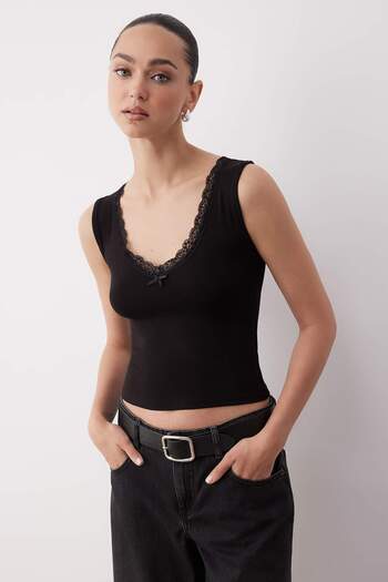 Trendyol Collection Black Lace Detail V-Neck Cotton Stretch Knitted Tank Top Twoss25Bz00597