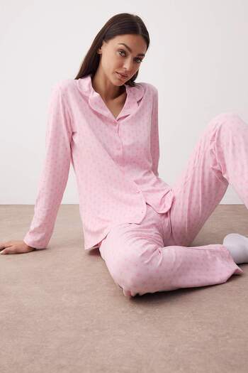 Trendyol Collection Pink Cotton Lycra Soft Tuuse Ribbon/Bow Pattern Knitted Pajamas Set Thmaw26Pt00073