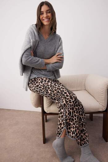 Trendyol Collection Gray-Multicolor Leopard Print Piping Top Soft, Bottom 100% Cotton Knitted Pajama Set Thmaw26Pt00035