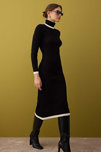 Trendyol Collection Black Color Block Midi Basic Turtleneck Knitwear Dress Twoaw26El00102