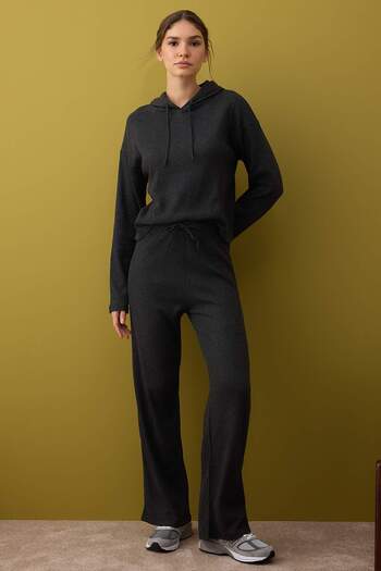 Trendyol Collection Anthracite Hooded Relaxed/Relaxed Cut Ribbed Waist Elastic Knitted Tracksuit Set Twoaw26Em00004