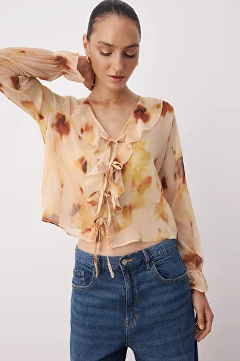Trendyol Collection Yellow-Multicolor Chiffon See-Through Ruffle Pattern Woven Blouse Twoaw26Bz00094