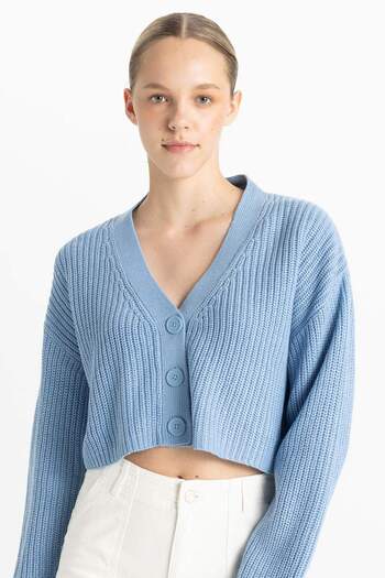 DeFacto Regular Fit V-Neck Basic Plain Buttoned Knitwear Cardigan U2052Az24Au