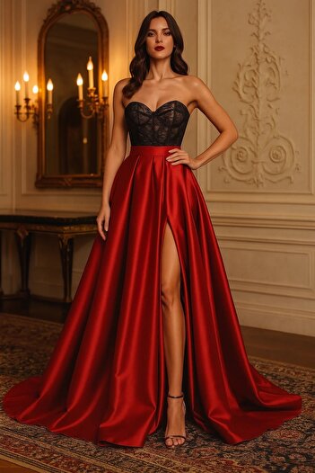 NSMLİFE Women's Elegant Red Slit Detailed Satin A-line Pleated Skirt
