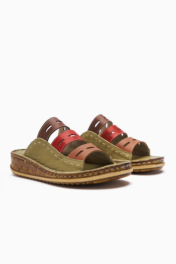 Limoya Women's Green Genuine Leather Laser Cut Women's Slippers