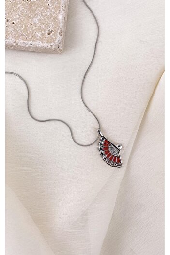 Sacha Accessories Red Detailed Silver Steel Necklace with Fan Figure