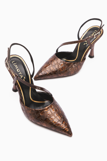 Limoya Genuine Leather Sarah Brown Crocodile Patterned Pointed Toe Heeled Women's Shoes
