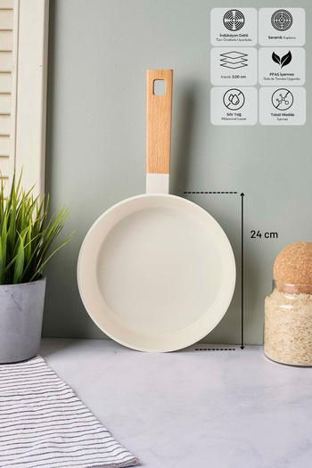 Perotti Cookwood Beige Induction Base Ceramic Pan with Wooden Handle 24 cm