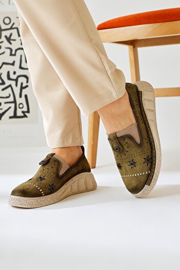 Limoya Bethina Khaki Suede Rivet Detailed Laser Perforated Ballerinas, Women's Ballerina Shoes