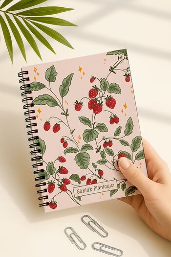 Eldesen Tasarım Daily Planner A5 Notebook, Notes, to Do, Flexible Cardboard Cover, 100 Days, Pink Strawberry