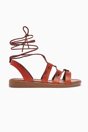 Limoya Genuine Leather Ruut Orange, Orange Rivet Detailed Ankle Strap Women's Sandals