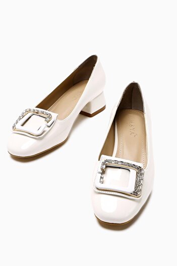 Limoya Roza White Patent Leather Stone Short Heeled Women's Shoes