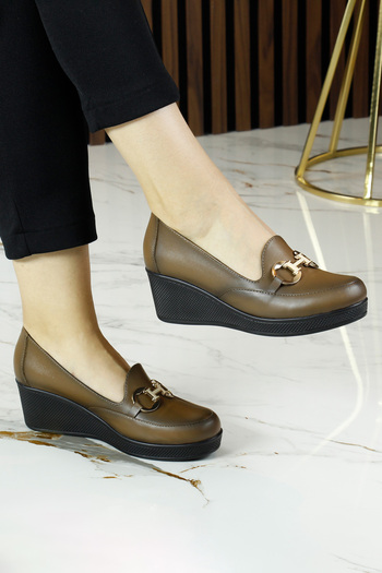 Erkan Saçmacı Hayley Brown Genuine Calfskin Buckle Round Toe Wedge Heeled Casual Shoes
