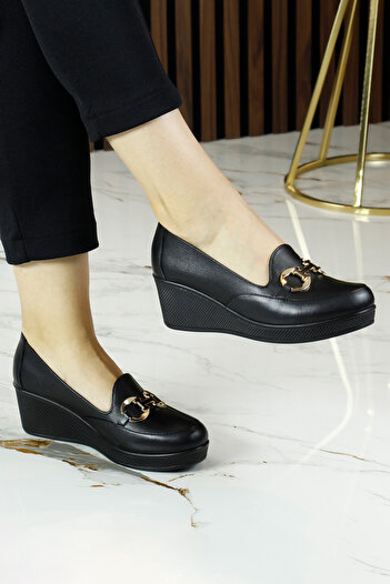 Erkan Saçmacı Hayley Black Genuine Cowhide Leather Buckle Round Toe Wedge Heels Casual Shoes