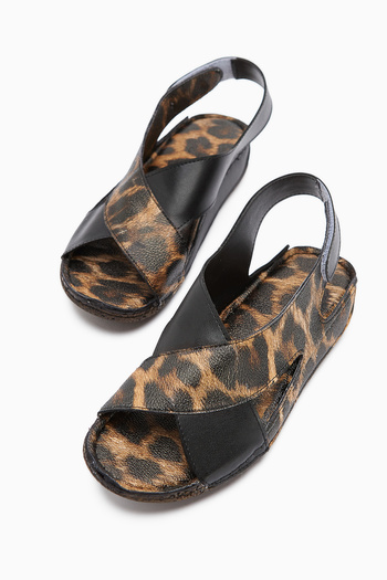 Limoya Margit Leopard Patterned Cross Strap Women's Comfort Sandals