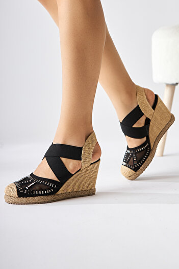 Limoya Meliza Black Elastic Straw Sole Heeled Women's Sandals