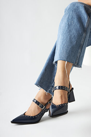 Limoya Nuria Navy Blue Patent Leather Pointed Toe Strappy Women's Sandals