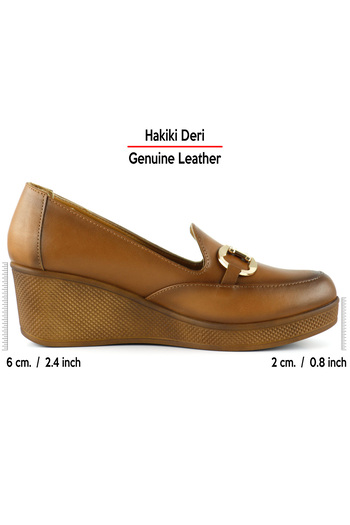 Erkan Saçmacı Hayley Tan Genuine Calfskin Buckle Round Toe Wedge Heeled Casual Shoes