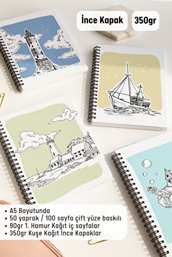 Eldesen Tasarım School Notebook Set with Spiral Line, A5 Size 50 Sheets 100 Sheets Set of 4, Denizli Set