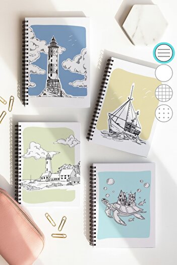 Eldesen Tasarım School Notebook Set with Spiral Line, A5 Size 50 Sheets 100 Sheets Set of 4, Denizli Set