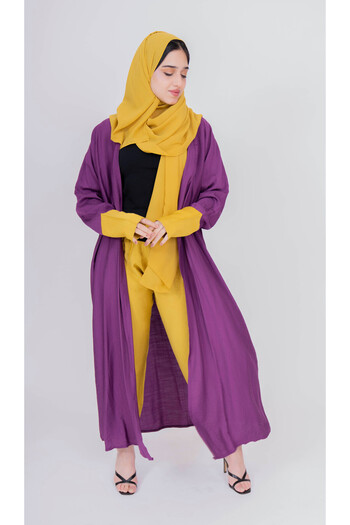 outline Elegant summer purple abaya with pants and a kimoni scarf