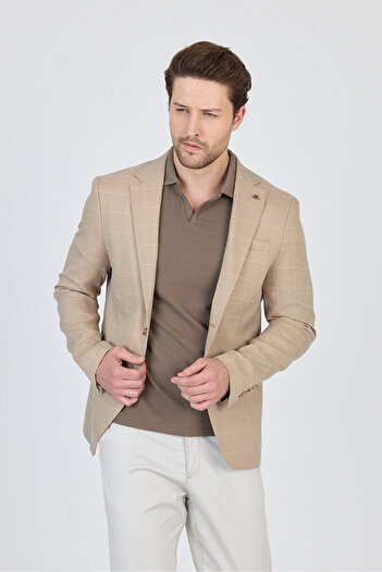Frappoli Gerardo Men's Camel Plaid Textured Polyviscon Fabric Slim Fit Slim Fit Sports Blazer Jacket