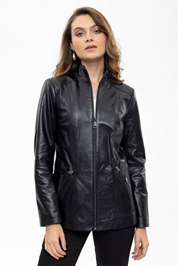 Deriderim Black Aden Zippered Lined Women's Genuine Leather Jacket with Drawstring Waist