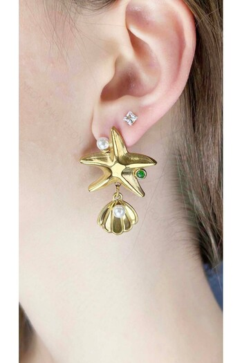 Neon Takı by Atalay Stainless Steel Earrings with Sensitivity Tag and Pearl, Starfish 638, Gold Color