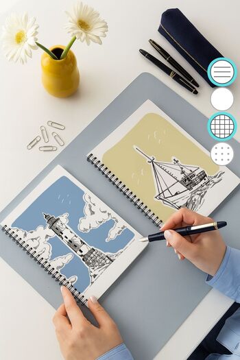 Eldesen Tasarım Checkered and Striped Notebook Set, A5 Size 50 Sheets 100 Pages Set of 2, Lighthouse