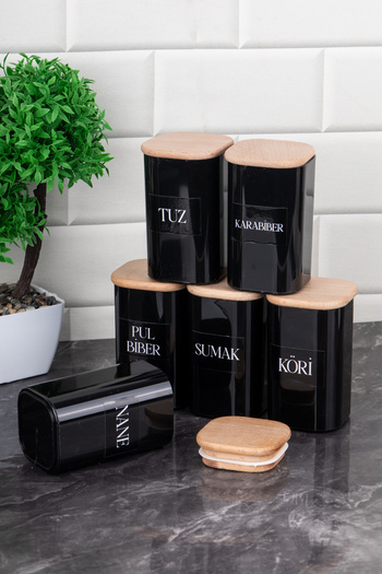 DNS HOME 250 ml Vacuumed Bamboo - Black Acrylic Spice Bowl Set with 6 Labels as a Gift