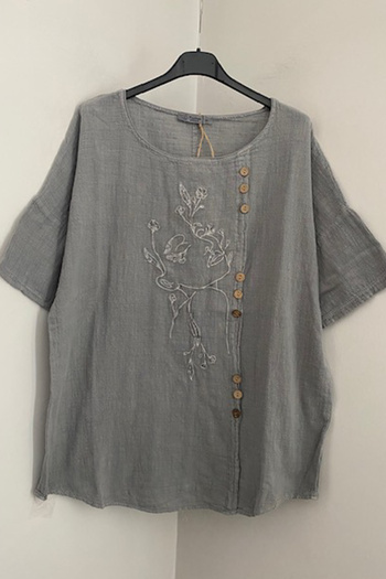 AYASOFYA OTANTIK Women's Gray Round Neck Button Detailed Women's Face Embroidery Embroidered 3/4 Sleeve Oversize Linen Blouse