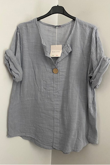 AYASOFYA OTANTIK Women's Italian Gray Button Detailed 3/4 Sleeve Oversize Loose 100% Cotton Blouse Tunic