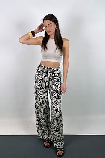 Love The Wind Black and White Patterned Viscose Draped Palazzo Trousers
