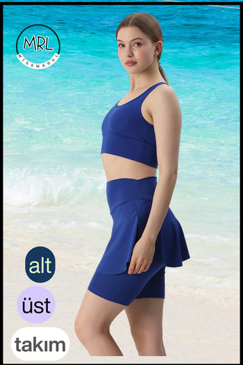 missmaral Women's Set Bottom - Top Biker Shorts Above Knee &Crop Bra Pad Supported Blue in the Sea in the Pool in Sports