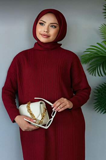Gülce moda Fitilli Triko Elbise koyu bordo