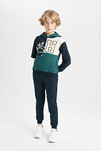 DeFacto Hooded Printed Sweatshirt and Jogger Tracksuit Set for Boys - Kangaroo Pocket C8318A824Au