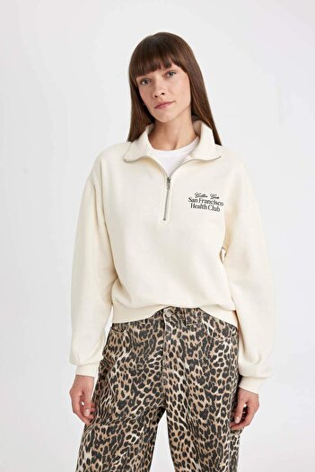 DeFacto Regular Fit Baskılı Yarım Fermuarlı Dik Yaka Kalın Sweatshirt D5298AX24AU