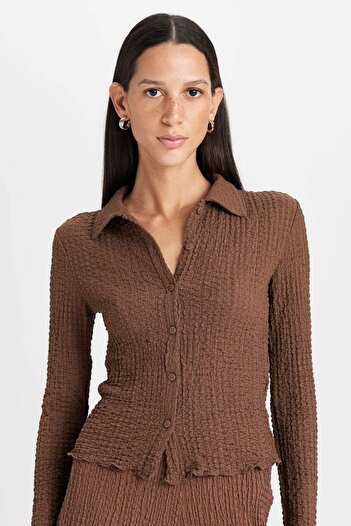 DeFacto Тениска с дълъг ръкав и поло яка Slim Fit, креп D6136AX24AU