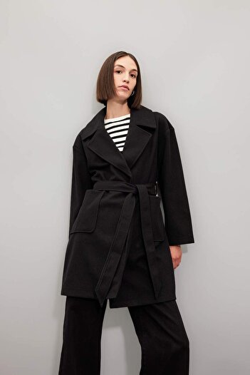 DeFacto Water Repellent Double Breasted Collar and Belted Long Stamp Coat with Pockets - Button Covering, Unlined C0922Ax24Au