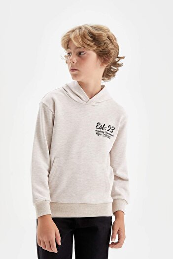 DeFacto Boy's Beige Hooded Printed School Sweatshirt C7557A824Au