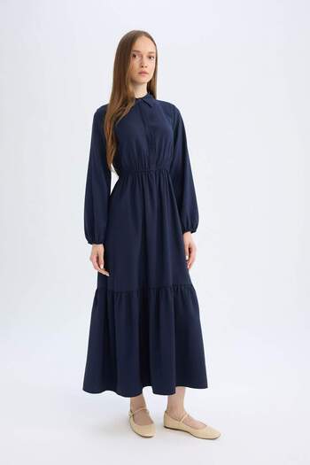 DeFacto Shirt Collar Basic Plain Buttoned Gathered Waist Long Sleeve Maxi Navy Dress D5851Ax24Au