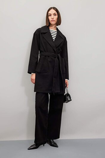 DeFacto Water Repellent Double Breasted Collar and Belted Long Stamp Coat with Pockets - Button Covering, Unlined C0922Ax24Au
