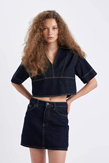 DeFacto Fashion Fit Polo Yaka Kısa Kollu Jean Bluz D3716AX24AU