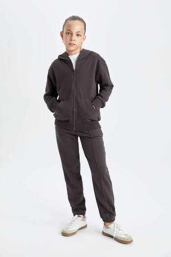DeFacto Girls Anthracite Basic Plain Hooded Zippered School Cardigan C8110A824Au