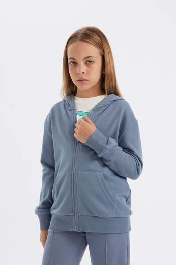 DeFacto Girls Basic Plain Hooded Pocket Zipper School Cardigan C8110A824Au