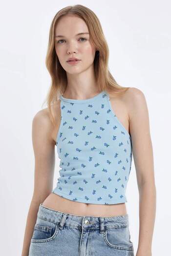 DeFacto Patterned Ribbed Halter Neck Camisole Tank Top - D4245AX24HS