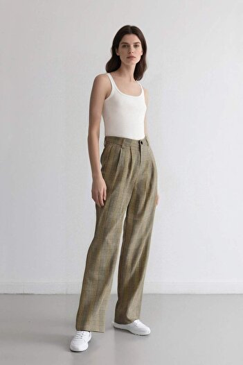 DeFacto Wide Leg Classic Fabric Pants Wide Wide Leg Checked Double Pocket High Waist Pleated Standard Length