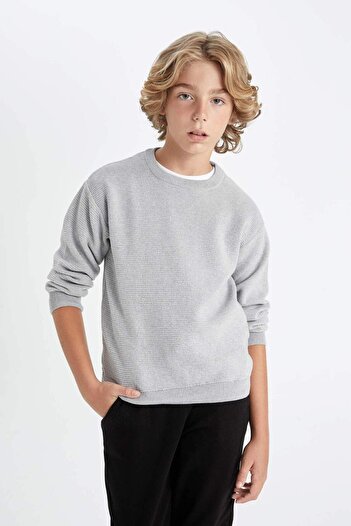 DeFacto Boy's Gray Crew Neck Basic Plain Knitwear Sweater C8617A824Wn