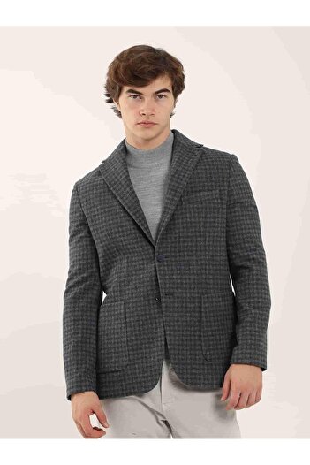Dufy Dark Blue Men's Slim Fit Plaid Pattern Mono Collar Jacket